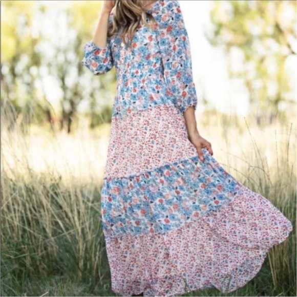 Anthro Fig & Flower Long Sleeve Floral Smocked Tiered Boho Peasant Maxi Dress L - Picture 3 of 17